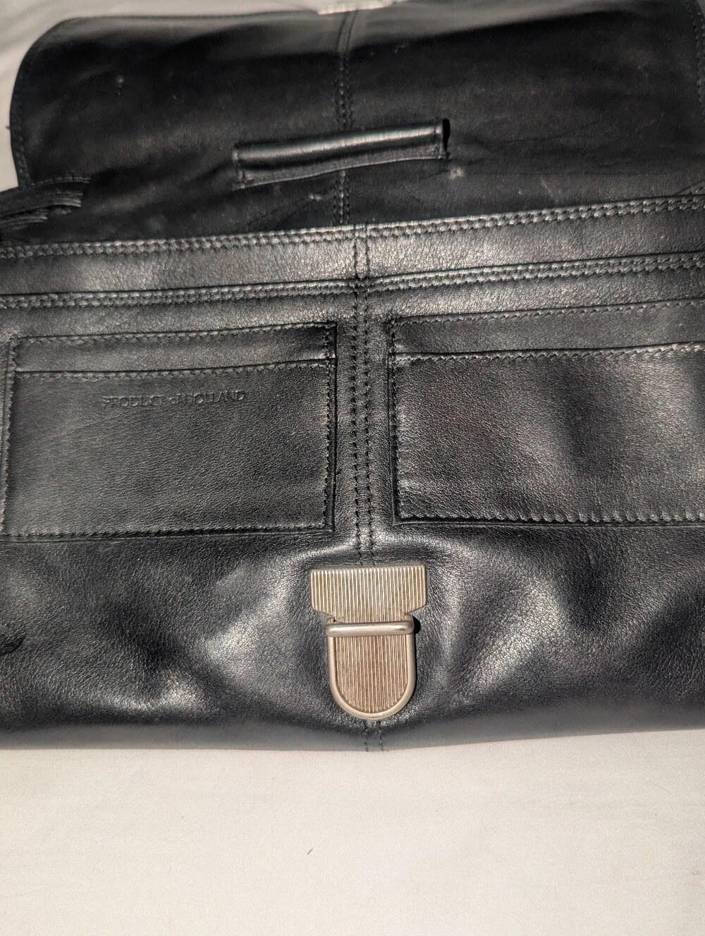 Claudio Fericci Black Leather Organizer Clutch Wristlet with Silver Hardware